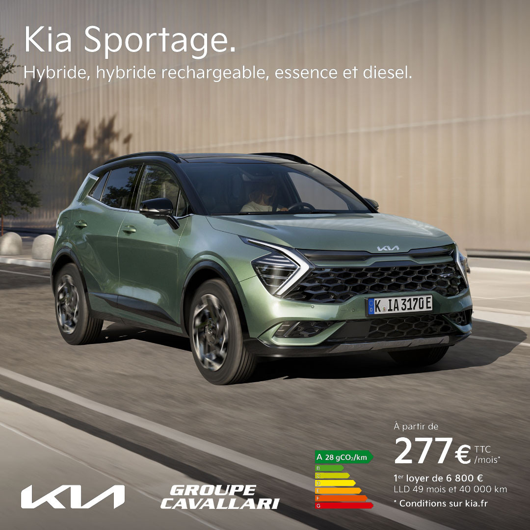 Profitez d'une offre limitée sur le Kia Sportage disponible à partir de 277€/mois(1) avec 1er loyer de 6 800€, LLD 49 mois, 40 000km/an, dans vos concessions Kia Cavallari à Nice Nikaïa et Nice Riquier.